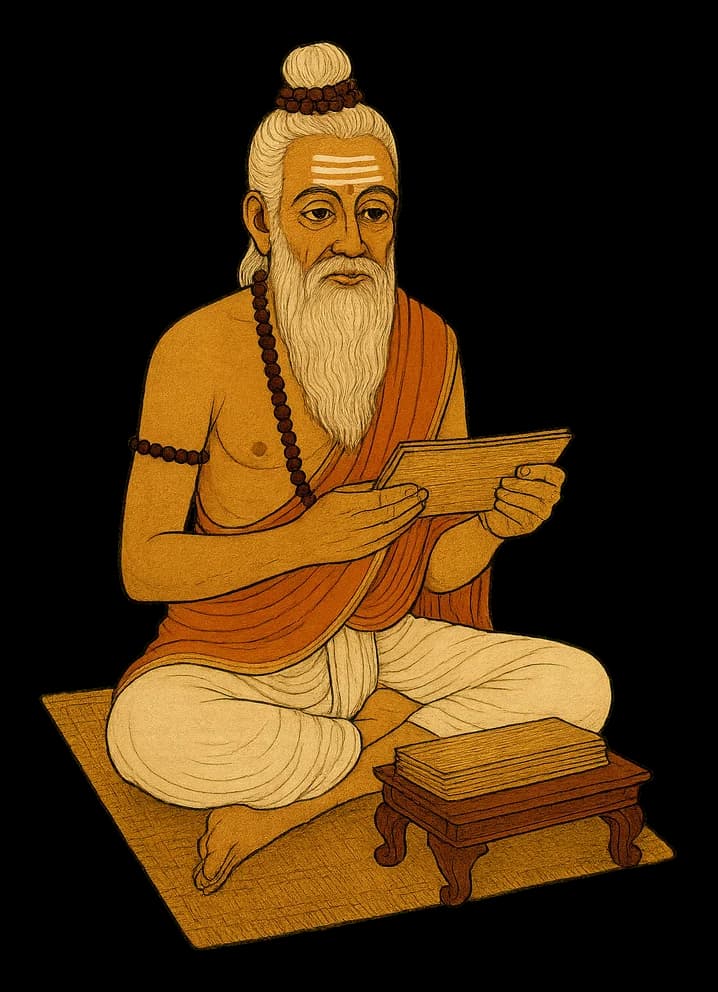 Maharishi Bhrugu reading palm-leaf manuscripts